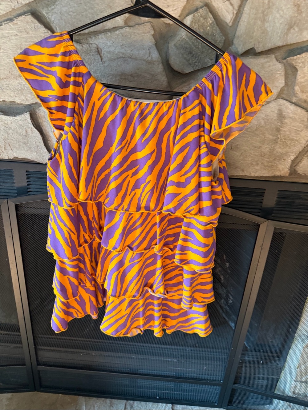 Women’s Purple and Orange Zebra-Print Ruffle Blouse